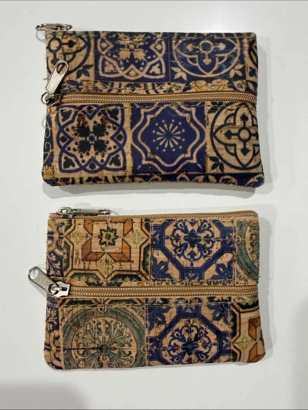 Tile Print Double Zipper Coin Pouches in Blue and Tan